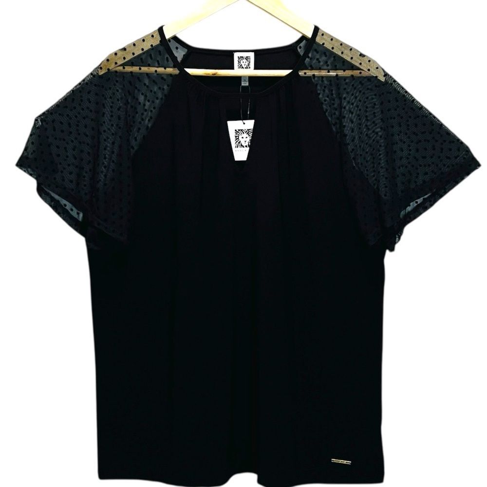 Anne Klein Women’s Size 1X Black Blouse with Sheer Polka Dot Sleeves Tops